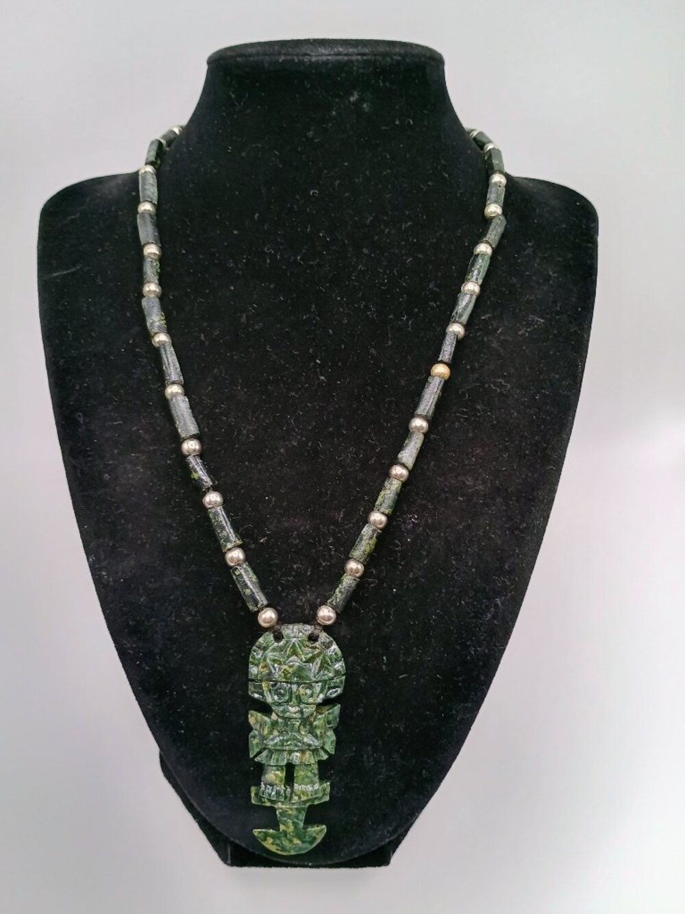 Tumi Necklace with Natural Green Stone, Hand-woven Macrame
